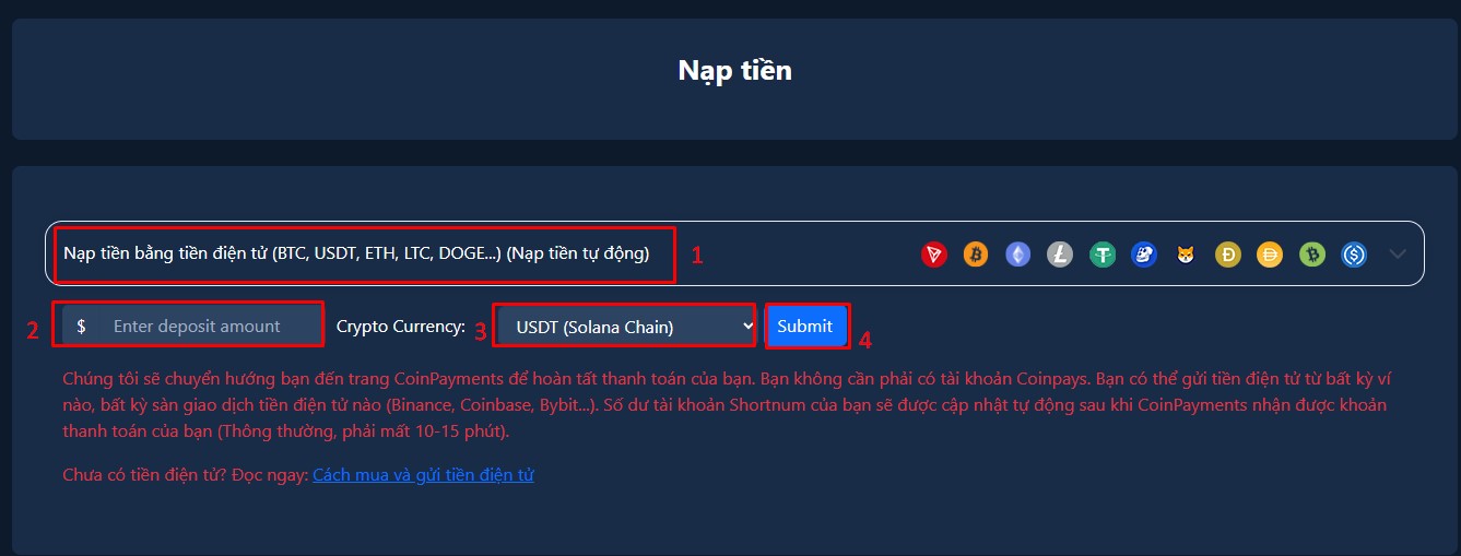 Nạp tiền vào website Shortnum