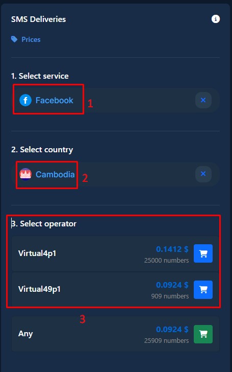 Chọn dịch vụ để tìm số SMS online
