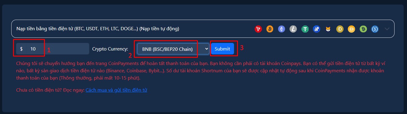 Nạp tiền vào website Shortnum